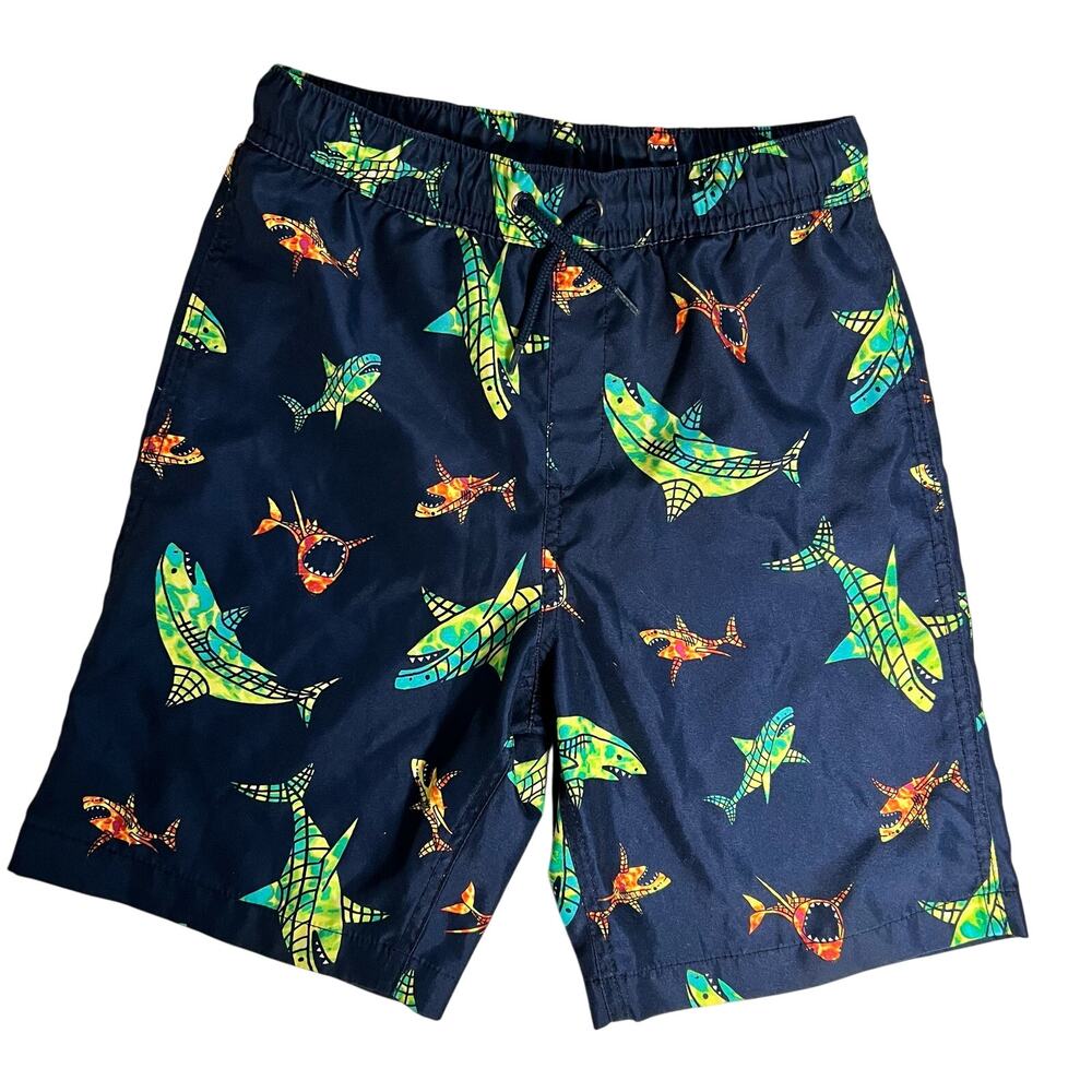 Lands End Swim Trunks Boys Size Large 10-12 Shark Fish Print